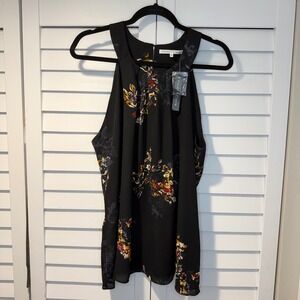 Violet + Claire Floral Halter Neck Blouse Black Sleeveless Pleated Top XL NEW